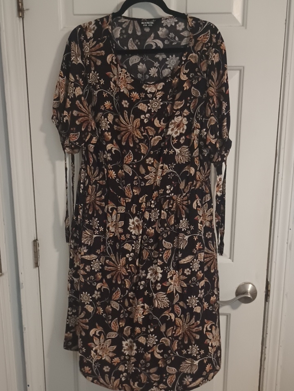 BloomChic Black Floral Midi Dress with Tan and Cream Accents